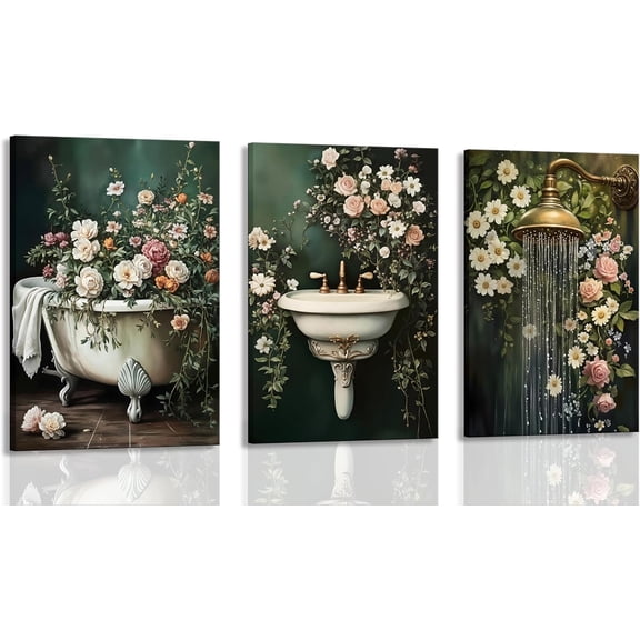 3Pcs Romantic Vintage Floral Bathroom Wall Art Canvas Posters Prints Pictures Bathtub Sink Shower Paintings Wall Decor for Home Decoration