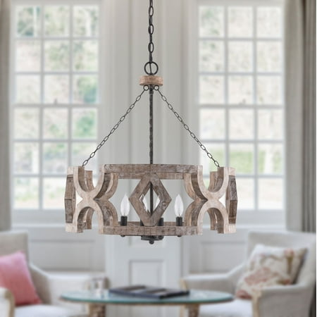 

Oaks Aura Farmhouse 4-light Drum Shade Wooden Chandelier Weathered Finish Adjustable Height Light Fixtures for Dining Room