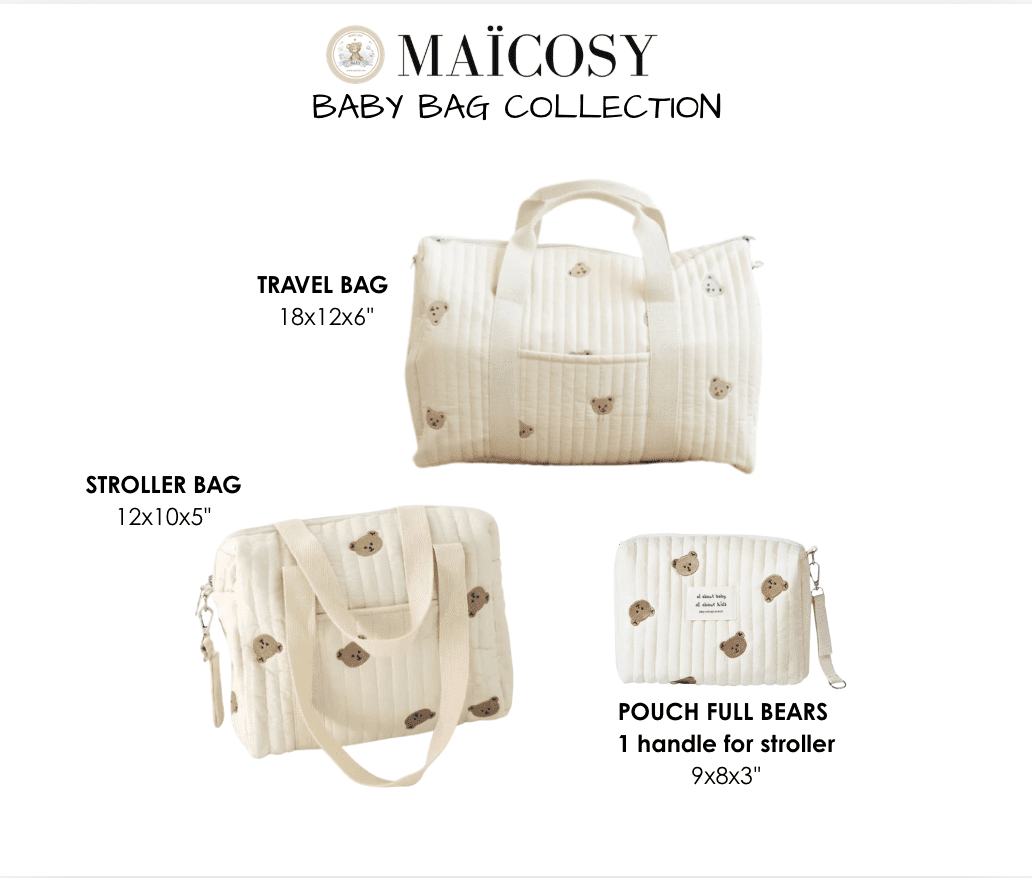 Set of 3 (TRAVEL BAG + STROLLER BAG + POUCH FULL BEARS)  - Baby Bag Set 100% Cotton Bear Print