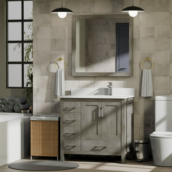 Jacques 36 in W Right Offset Distressed Grey Bath Vanity, White Quartz Top, & 34" Mirrors