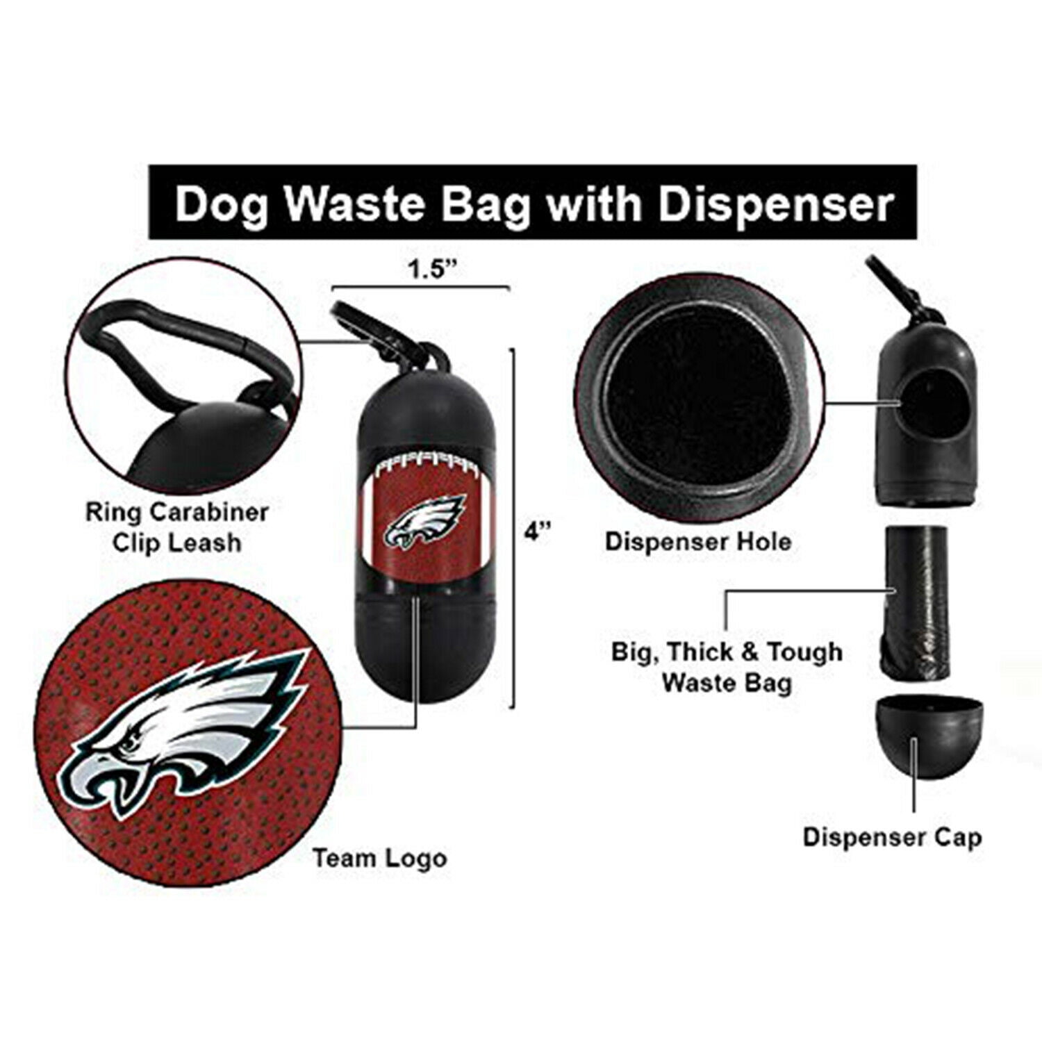 NFL PHILADELPHIA EAGLES Durable LICENSED Poop Waste Bag Dispenser & D Ring for Leash with 600 Premium Garbage Bags