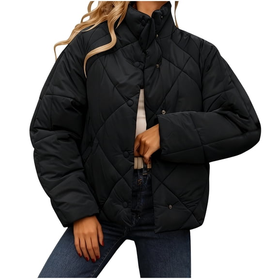 Stand Collar Jackets For Women Button Down Quilted Fall Winter Trendy Outwear Casual Loose Thermal Coat With Pockets (XL, Black)
