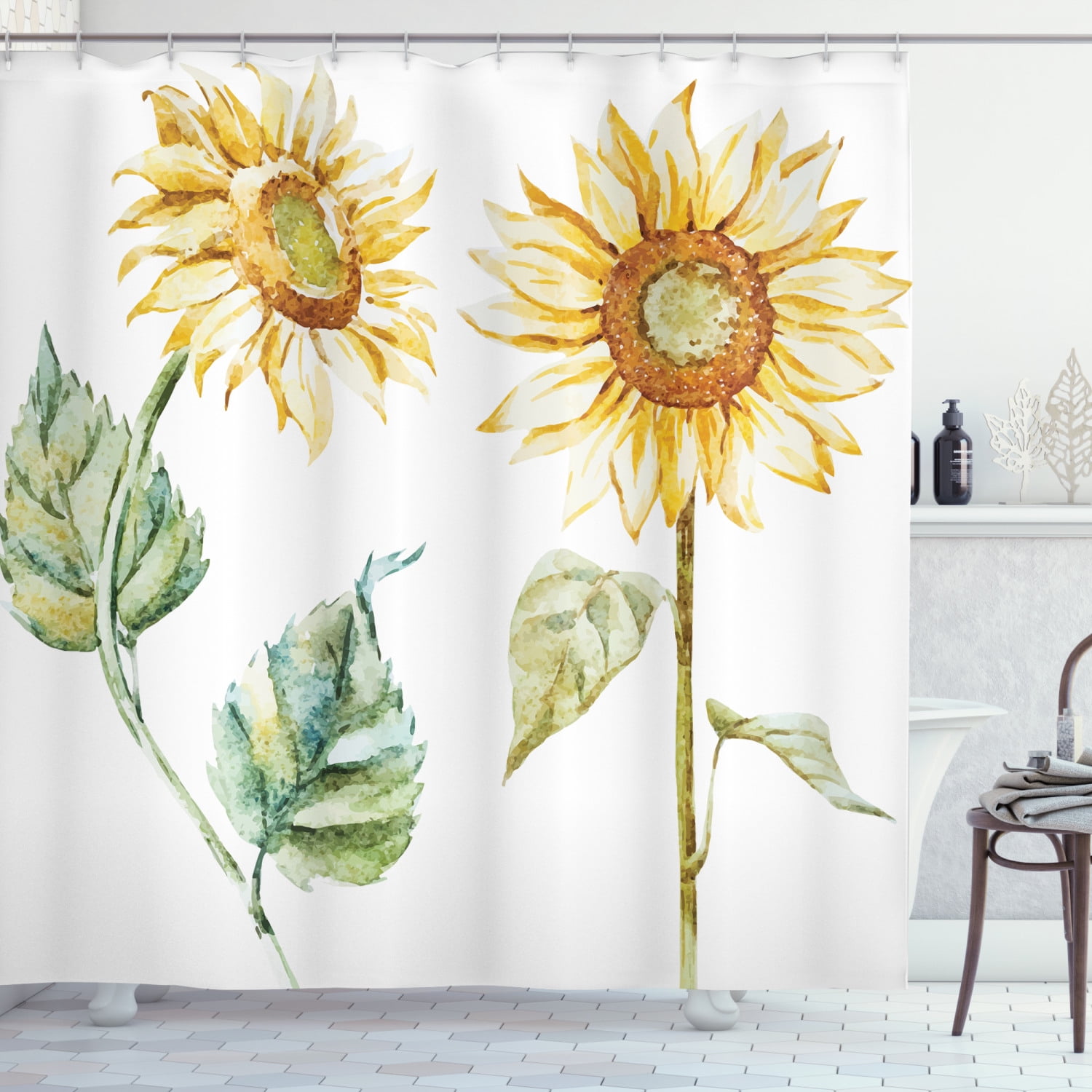 Sunflower Painting Bathroom Shower Curtain Set Waterproof Fabric &12 Hooks 71" 