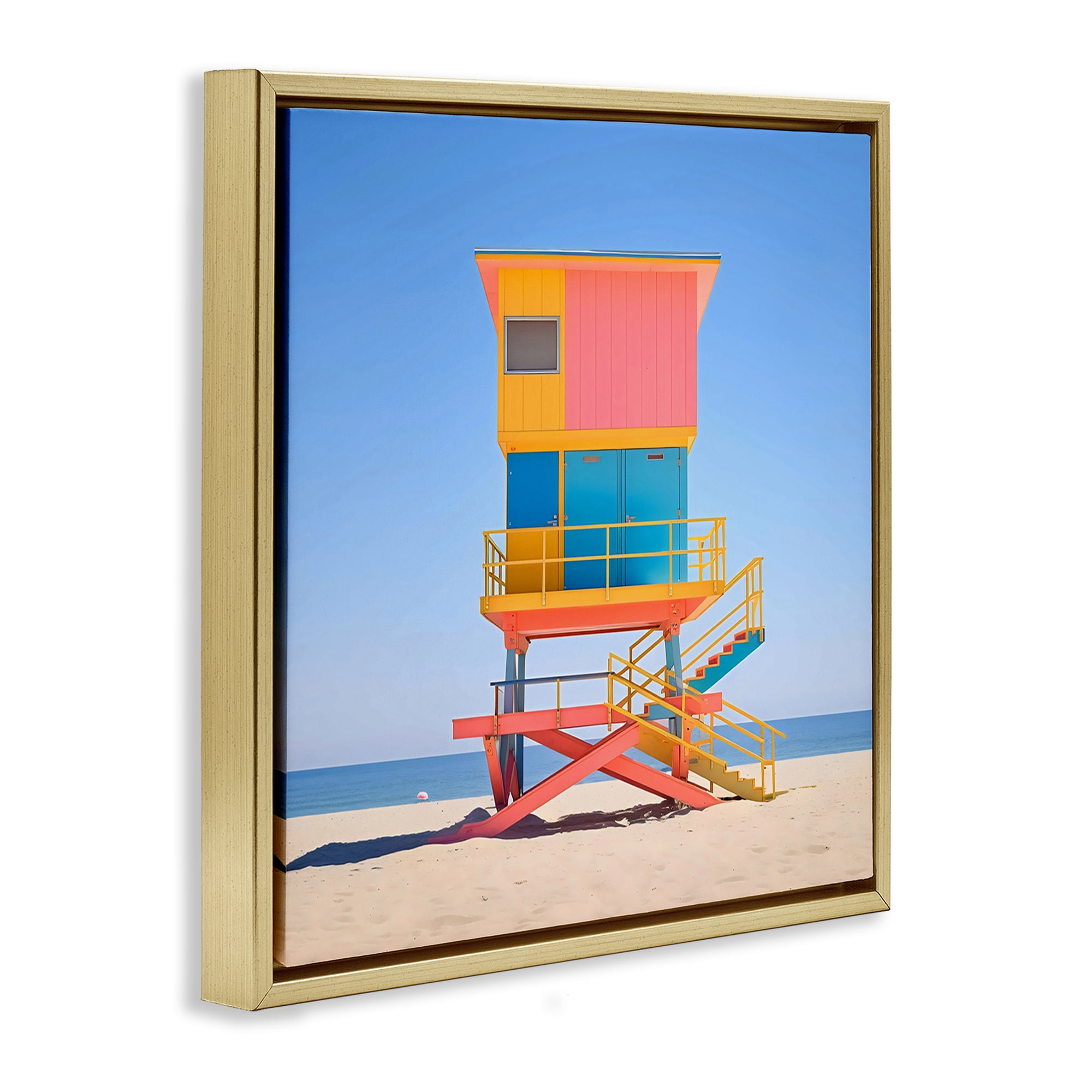 Stupell Industries Deco Lifeguard Tower on Beach Gold Framed Floater Canvas Wall Art, design by Creative Studio