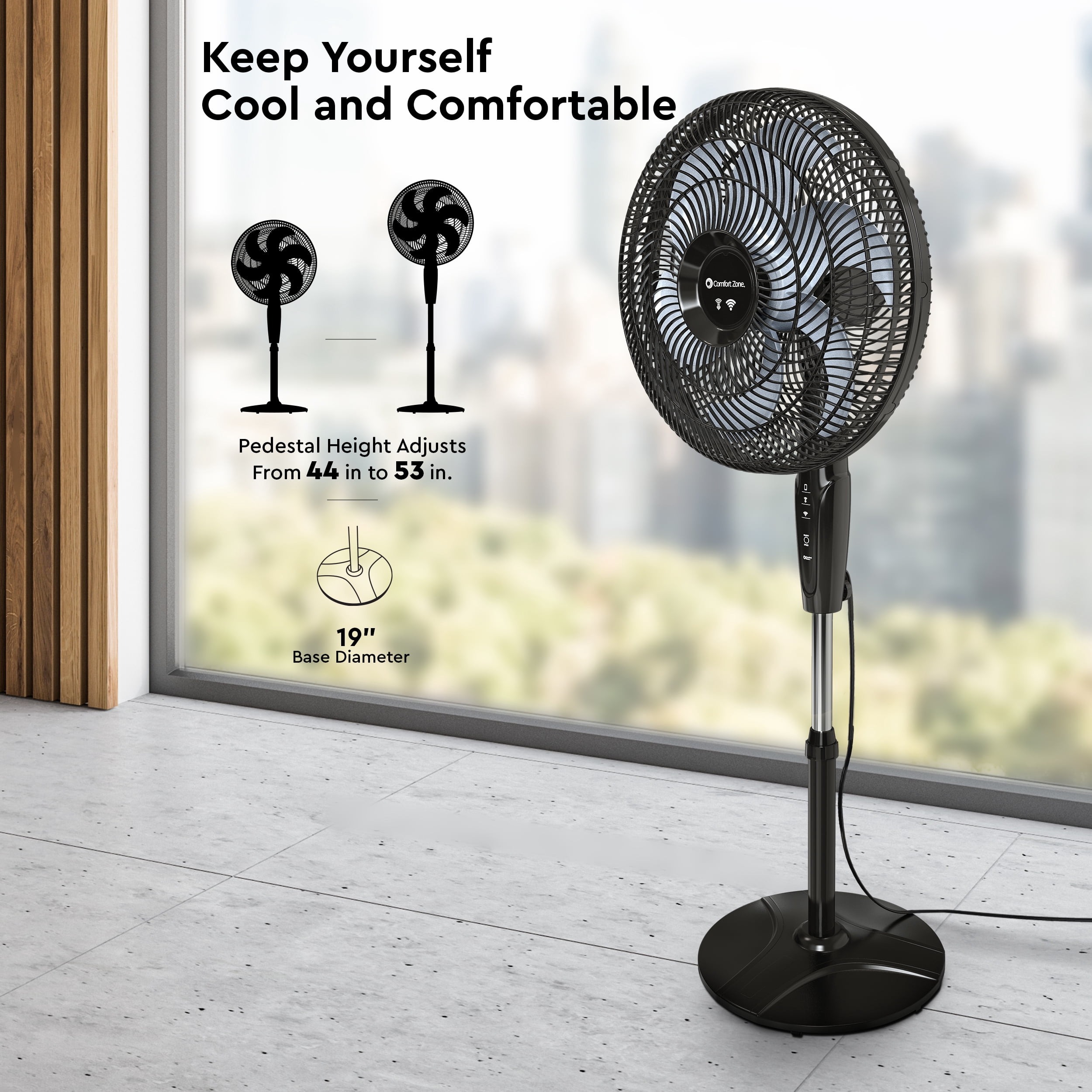 Comfort Zone 18 in. Oscillating Stand Fan, Adjustable Height, Tilt, Wi-Fi