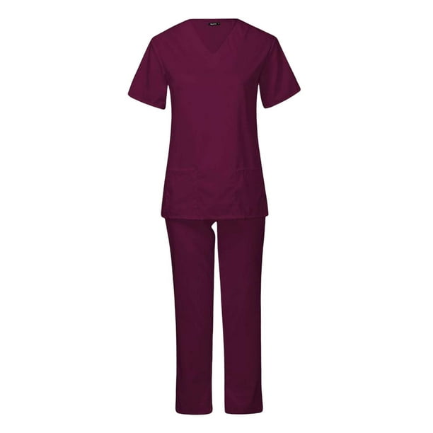 Ladies Nursing Scrubs Uniform Short Sleeve Elastic suits Multi Pockets  Professional Top Pants Set Comfortable V Neck for Worker Pet Groomer Red M