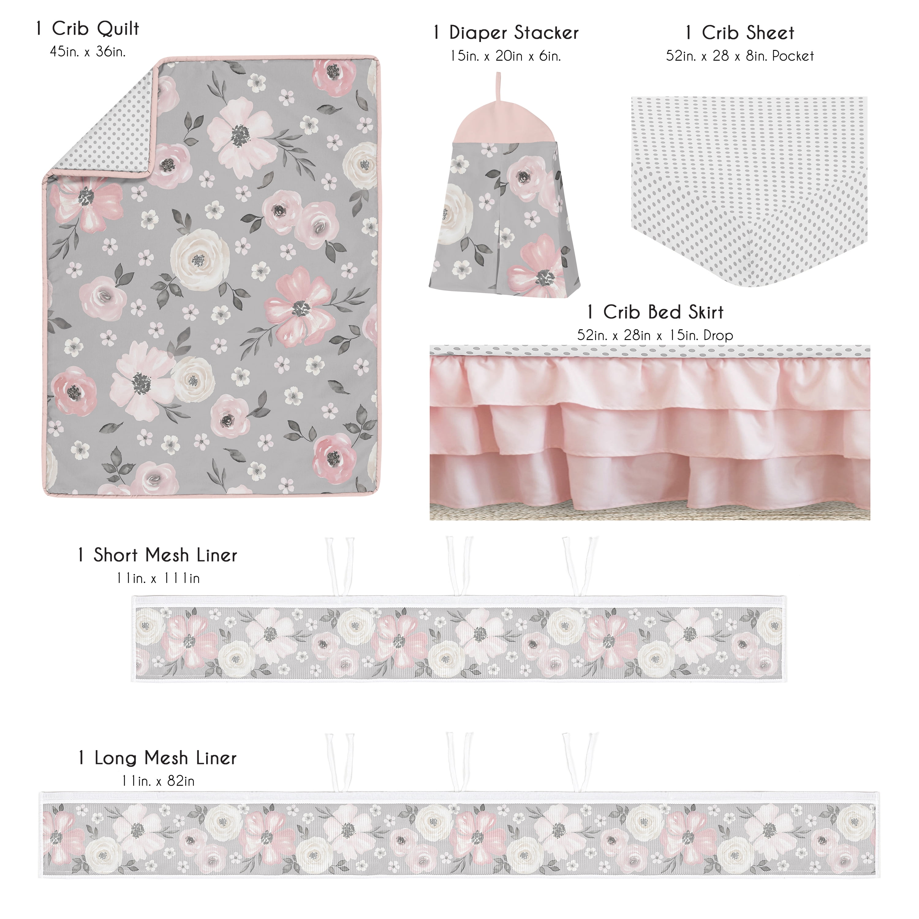 Sweet Jojo Designs Watercolor Floral Grey Girl Crib Bedding + BreathableBaby Breathable Mesh Liner