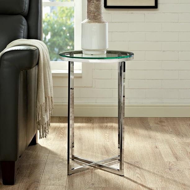 Ember Interiors Modern Glam Round End, Glass And Chrome Side Tables For Living Room