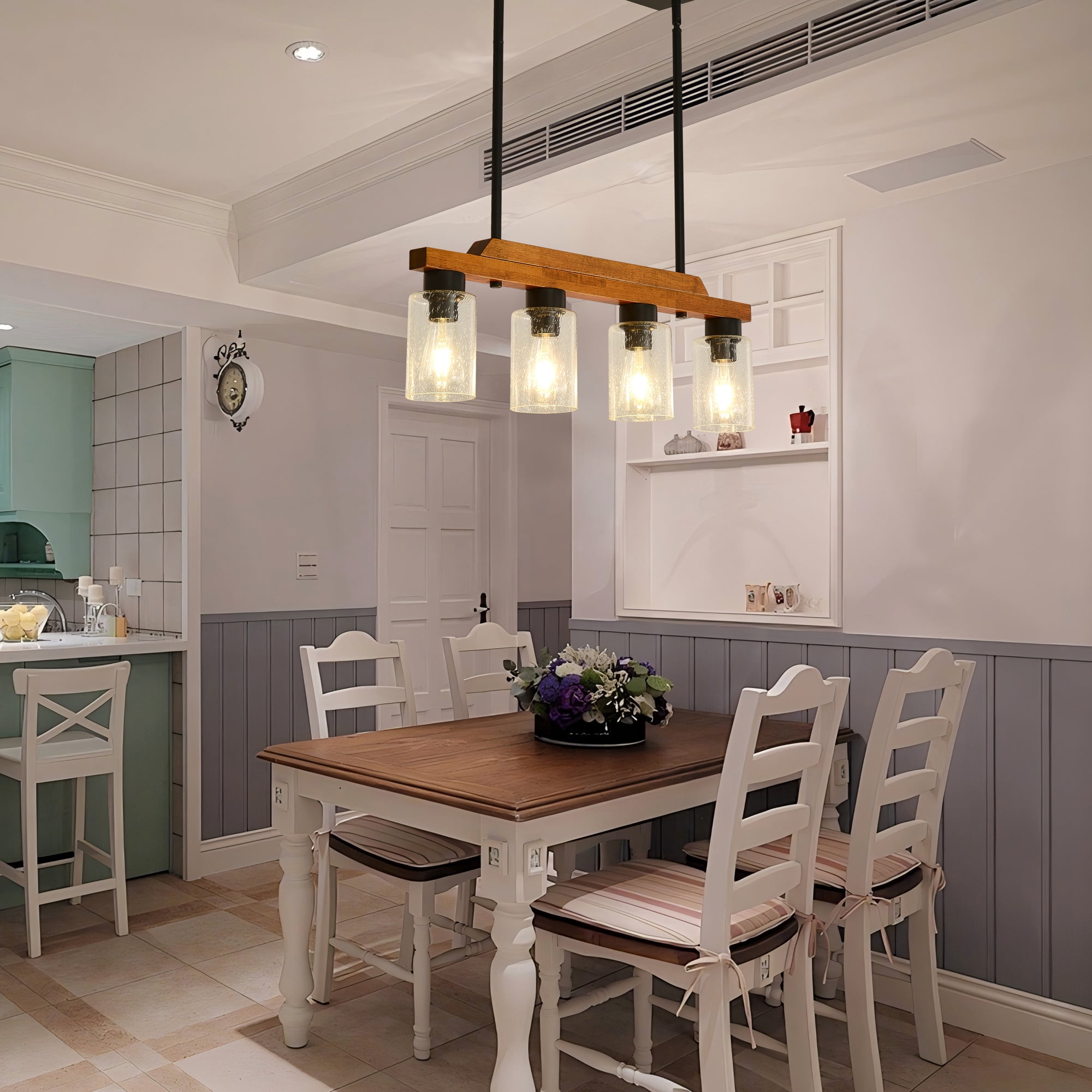 4-Light Farmhouse Pendant Light with Seed Glass Shades, Adjustable Height Kitchen Island Lighting, Linear Chandelier for Dining Room, Bar
