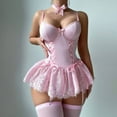 thumbnail image 6 of JSGEK Choker Corset Underwear Lace Sheer Garter Stockings Lingerie Set with Thong 4 Piece Outfits Pink M, 6 of 6