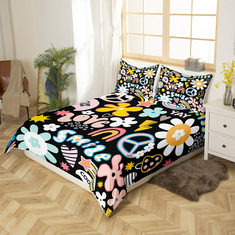 Groovy Flower Comforter Cover Queen for Kids,Retro Kawaii Florals Bedding  Set Y2K Room Decor for Teens Girls,Hippie Aesthetic Funny Blossom Duvet