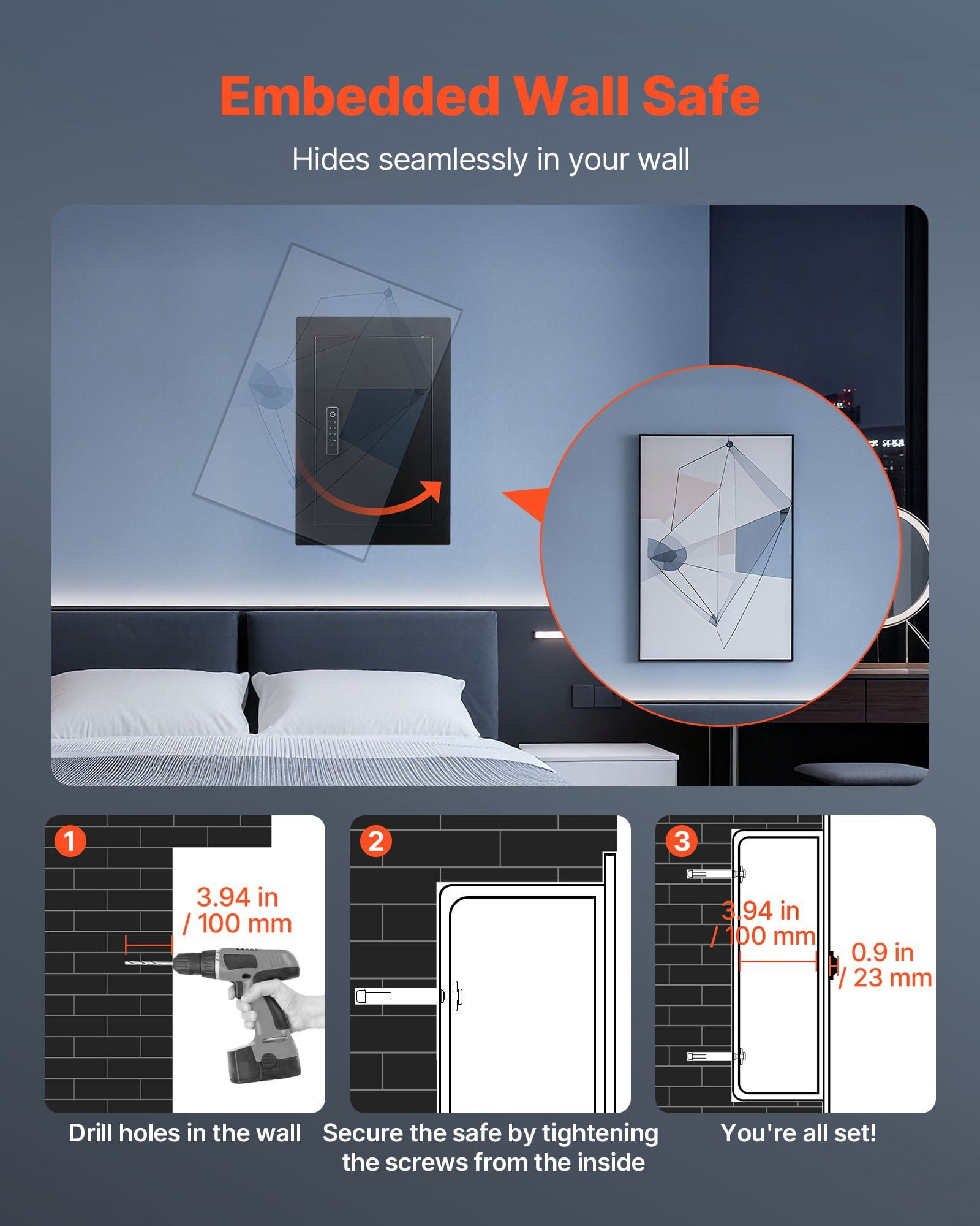 3 Tier Hidden Wall Safe with Fingerprint Password Key Turning Knob Q235 Cold Rolled Steel In Wall Box Adjustable Shelves Key Holders for Money Jewelry Passport Document
