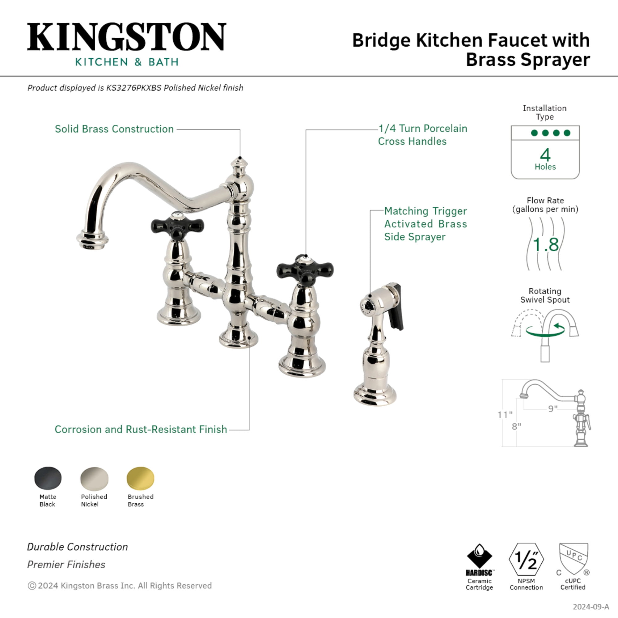 Kingston Brass KS3270PKXBS Duchess Bridge Kitchen Faucet with Brass Side Sprayer, Matte Black