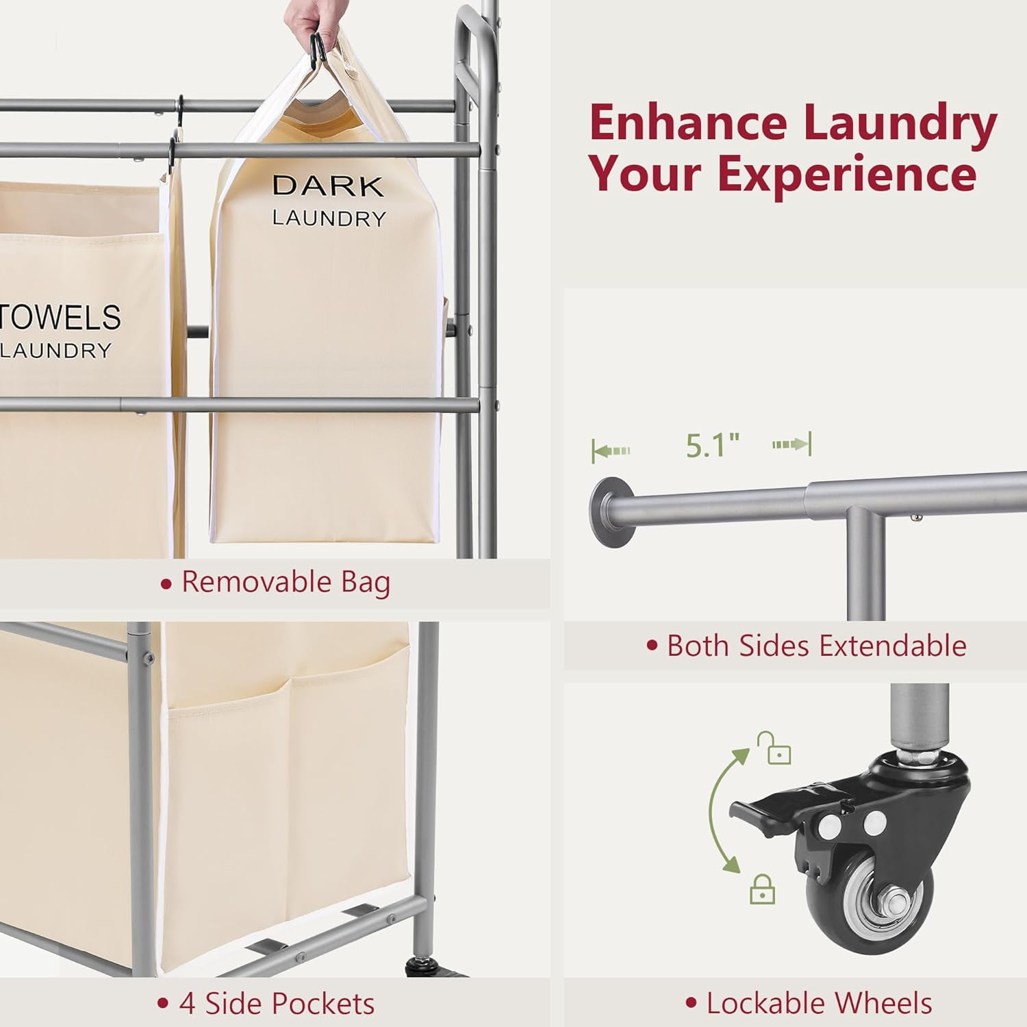Laundry Hamper with Hanging Rack, Laundry Sorter 4 Sections, 4 Basket Butler with Lockable Wheels and Removable Bag, Rolling Laundry Cart for Bedroom, Beige