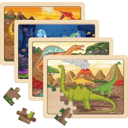 SYNARRY 4-in-1 Wooden Dinosaur Puzzles for Kids Ages 3-8, 24pcs Each, FSC Certified Educational Jigsaw Puzzle Set, Dinosaur Toys Gifts for 3 4 5 Year Old Boys Girls