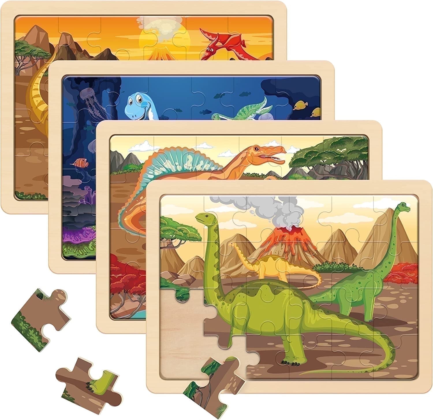 SYNARRY Wooden Dinosaur Puzzles 4-Pack, 24 Pieces Each photo 1