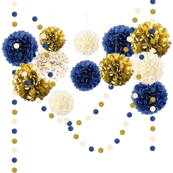 15Pcs Navy Blue Gold Beige Tissue Paper Pom Pom Dot Hanging Garlands Backdrops for Birthday Wedding 2026 Graduations Baby Bridal Shower Bachelorette Gold Blue Theme Party Home Showcase DIY Decoration