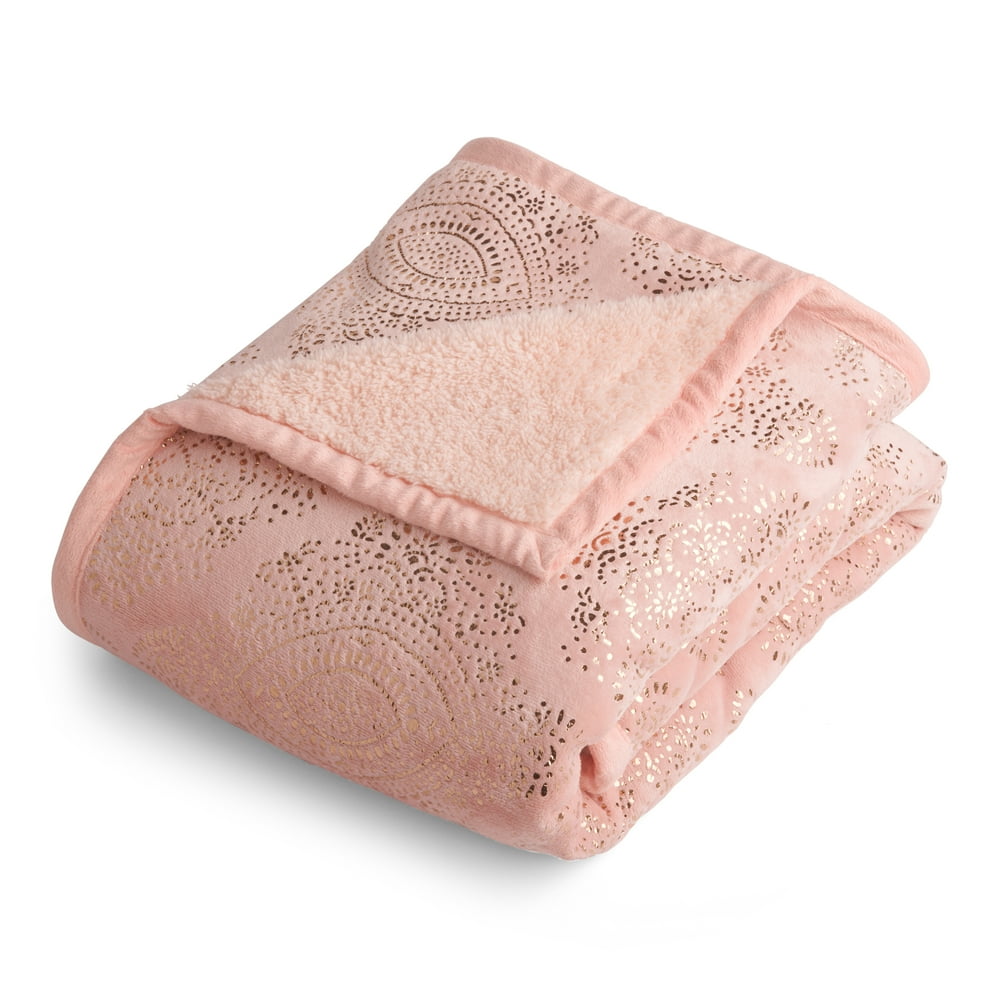 Better Homes & Gardens Velvet Plush to Sherpa Pink Metallic Throw