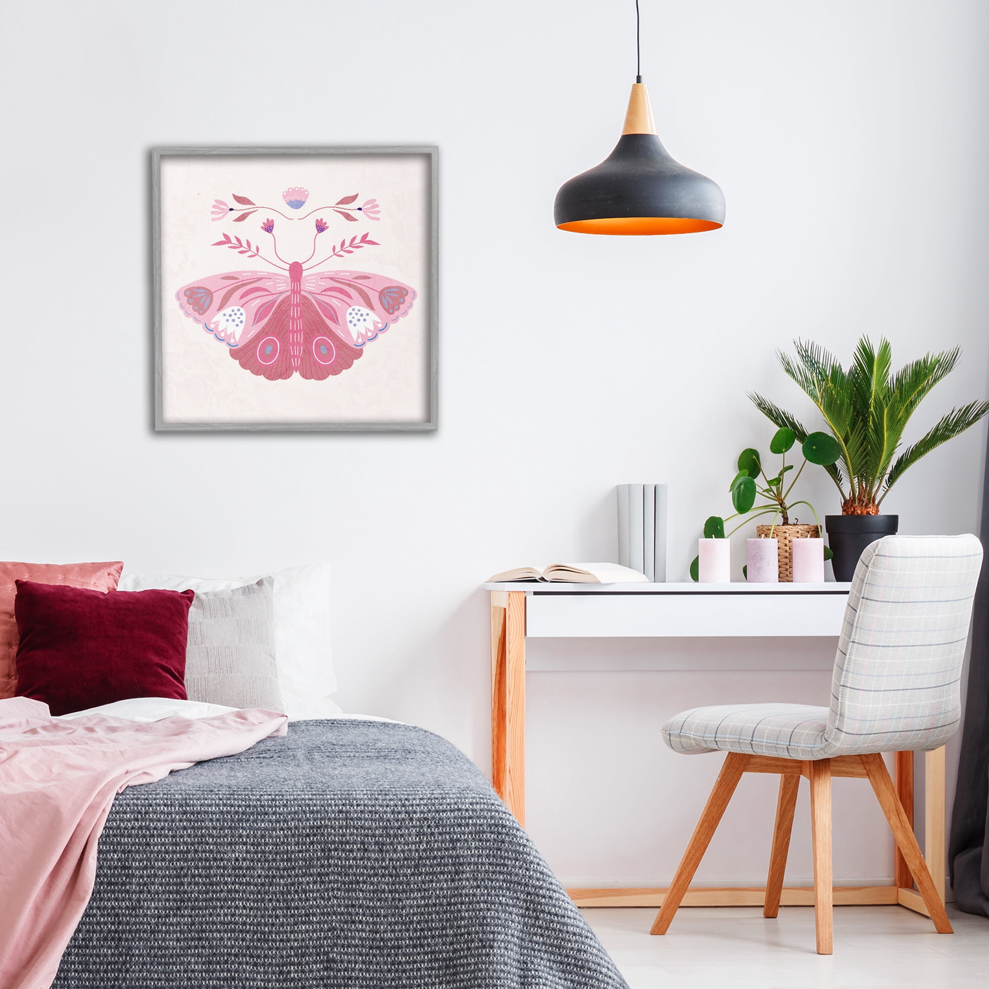 Stupell Industries Boho Pink Folk Butterfly Gray Framed Giclee Art, design by Kim Allen