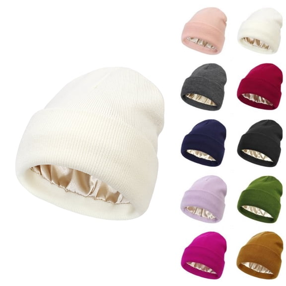 Unisex Knit Beanie Hat with Silk Lining Soft Slouchy Warm Acrylic Winter Hats Cuffed Skull Beanie for Women Men White S