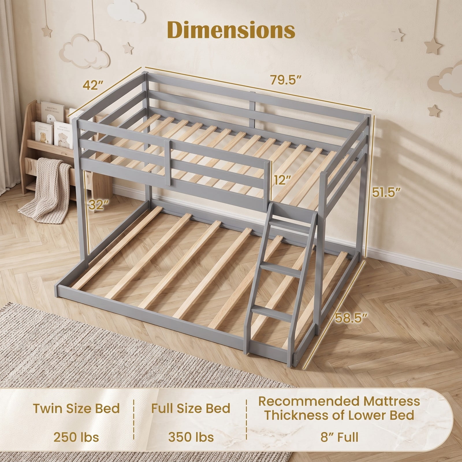 Furnibear Twin Over Full Low Floor Wood Bunk Bed with Guardrails and Integrated Ladder for Kids Teens and Guest Rooms, Gray