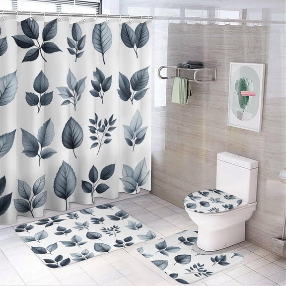 Shower Curtain Sets with Rugs, Gray Leaf Pattern Printed on Modern Shower Curtains for Bathroom Set, Ideal for Bathroom Apartment RV College Dorm, 72 x 72 inches