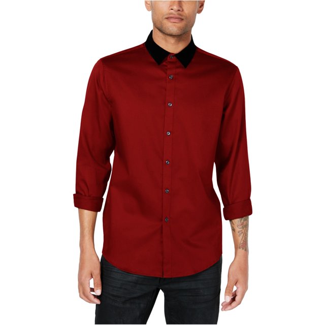 INC Mens Velvet Collar Button Up Shirt, Red, Large