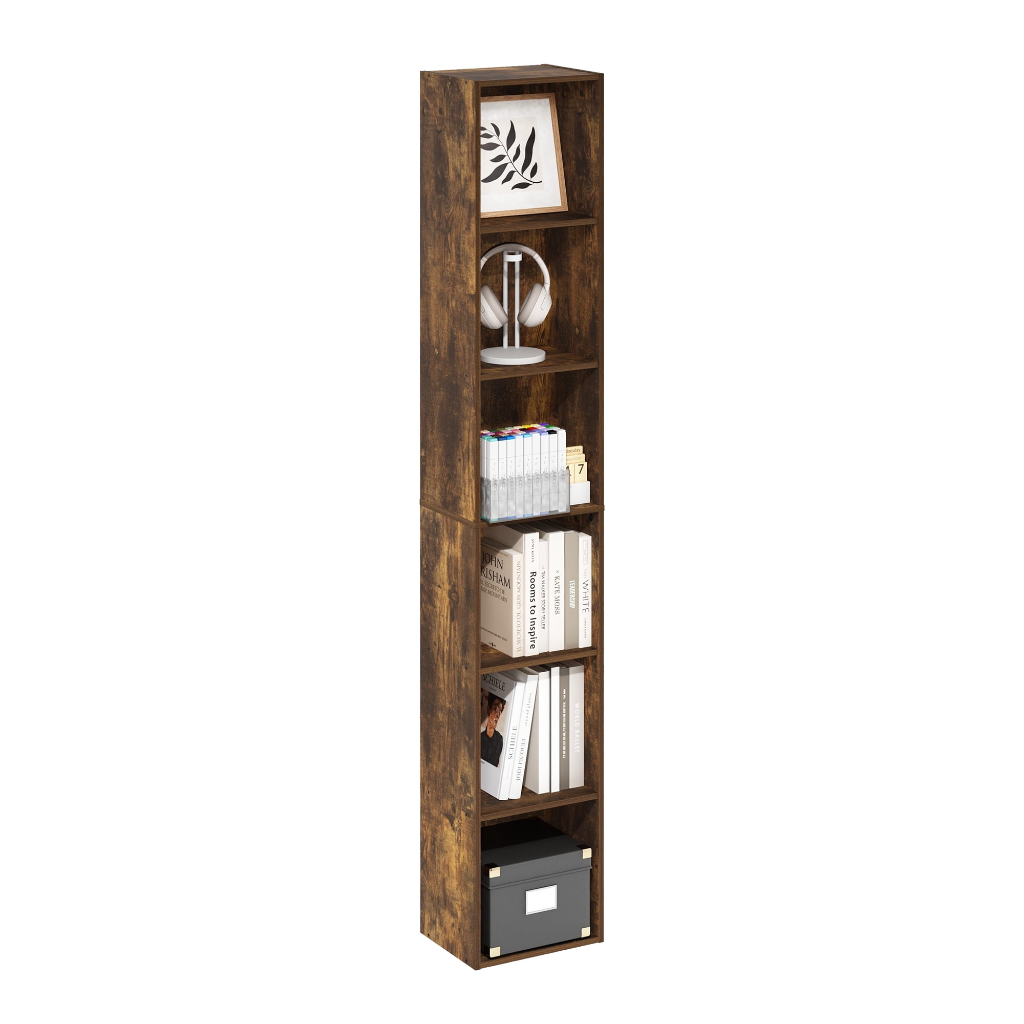 Furinno PASIR Book Shelf, 6-Tier Bookcase, Bookshelf, Open Storage Shelf, 9.4 x 12 x 71 Inches, for Home Office, Living Room, Amber Oak