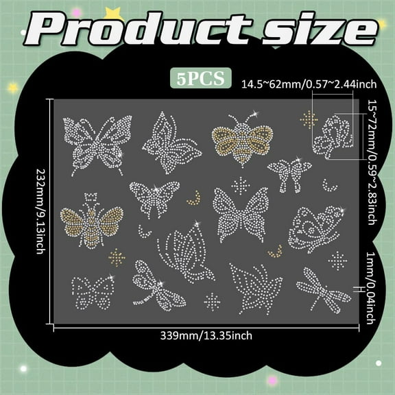 5 Sheet Butterfly Rhinestone Iron on Transfers Glitter Dragonfly Pattern Rhinestone Patch Wasp Hotfix Clothes Bee Iron on Patches for Clothes Dress DIY Crafts