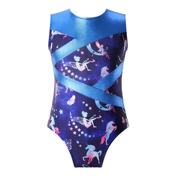 YONGHS Gymnastics Leotard for Girls Kids Printed Athletic Unitard Workout Ballet Tumbling Dance Tops Light Blue 8