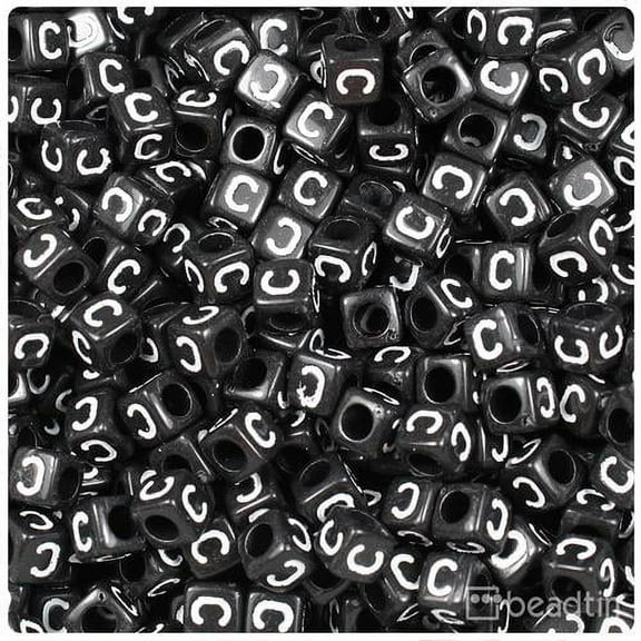 BeadTin Black Opaque 6mm Cube Alpha Beads - White Letter C (80pcs)