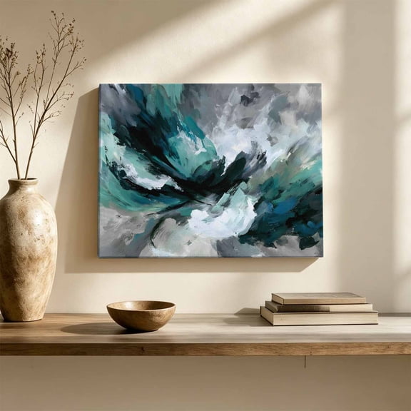 Abstract Teal Gray Canvas Wall Art, Modern Minimalist Gradient Green Grey Wall Art Prints Artwork Framed Canvas Ready to Hang Art Pictures for Living Dining Room Bedroom Hallway 30" x 20"