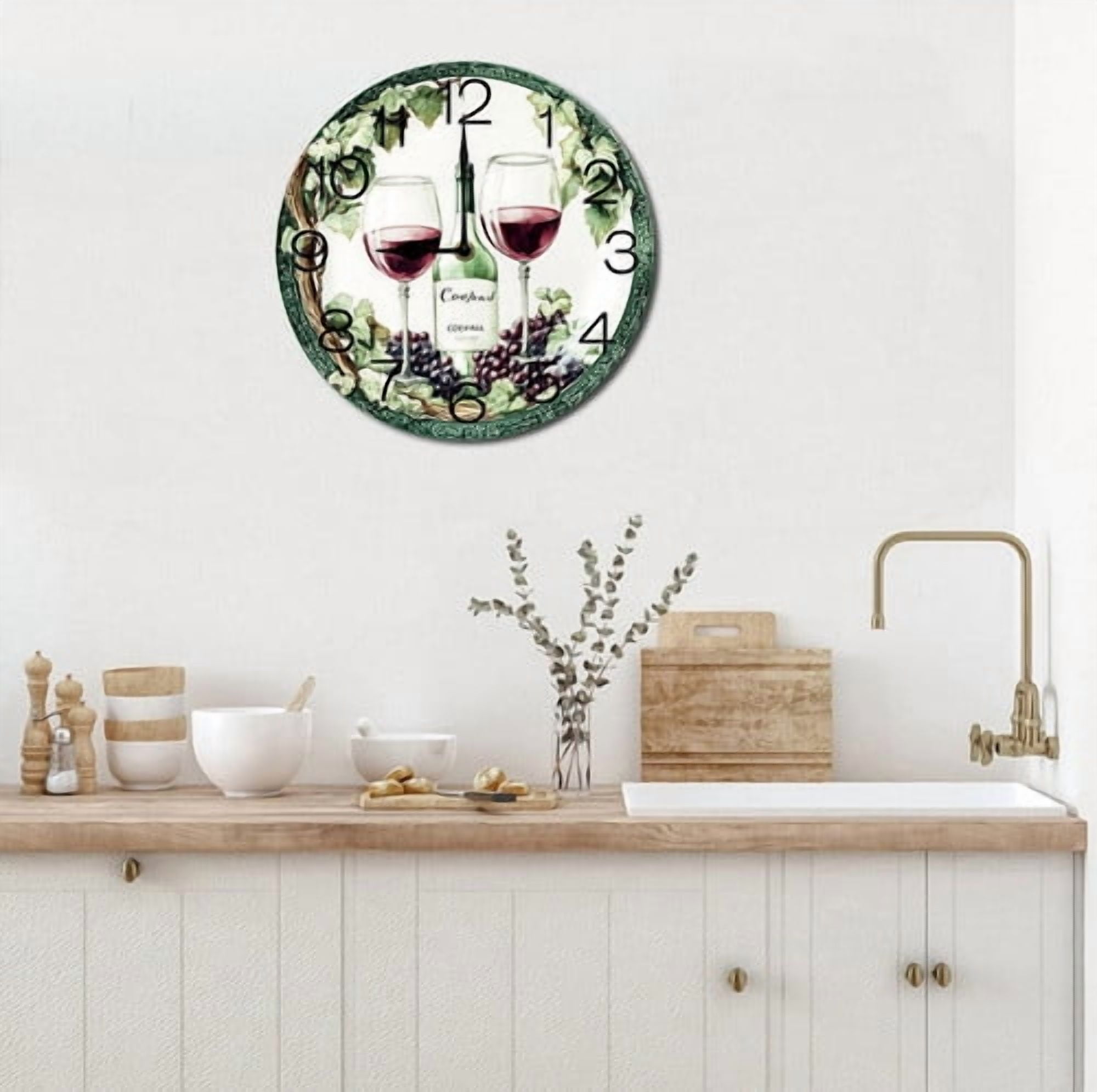 Eveokoki Wall Clock Wine Grape Wood Battery Operated Silent Non-Ticking Clock Decorative for Home Kitchen Living Room Office Bathroom Bedroom 10 Inch