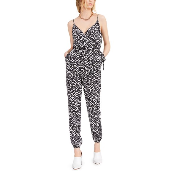 Bar III Womens Printed Tie-Waist Jumpsuit Large Seabreeze Black