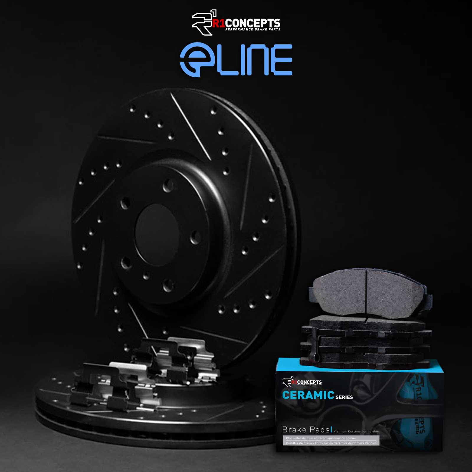R1 Concepts Drilled and Slotted Black Disc Brake Rotor Set with Ceramic Pads and Hardware WHWH1-46037