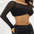 thumbnail image 3 of Women Off Shoulder Long Sleeve Top Mesh Ruched Slim Fit Crop T Shirt Sheer Blouse, 3 of 5