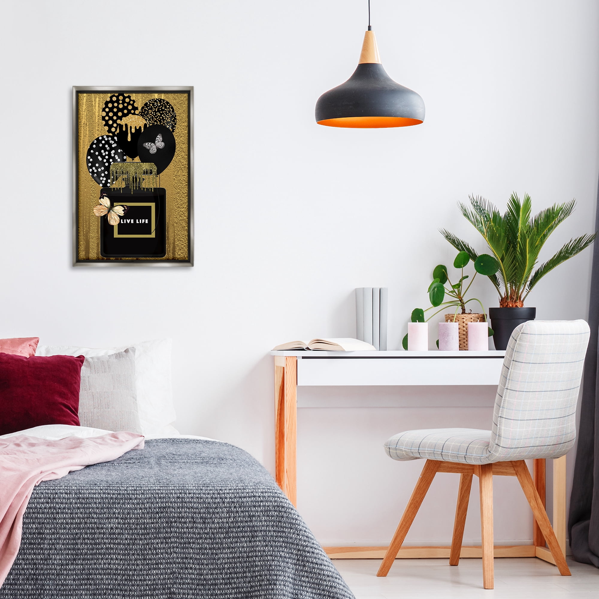 Stupell Industries Live Life Gold & Black Fashion Painting Gray Floater Framed Canvas Art Print Wall Art, 17 x 25