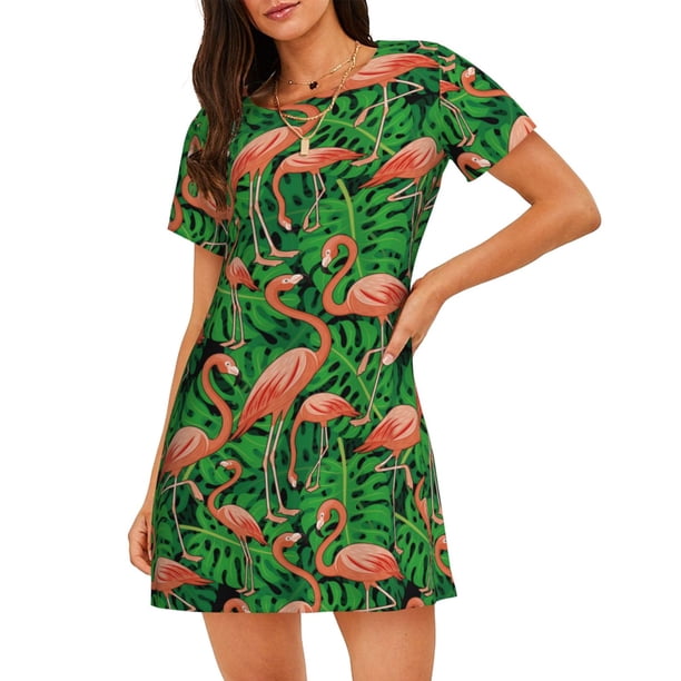 Fotbe Flamingo Bata de Dormir para Mujer con Estampado, Camisón de Algodón de Manga Corta, Ropa de Dormir Casual