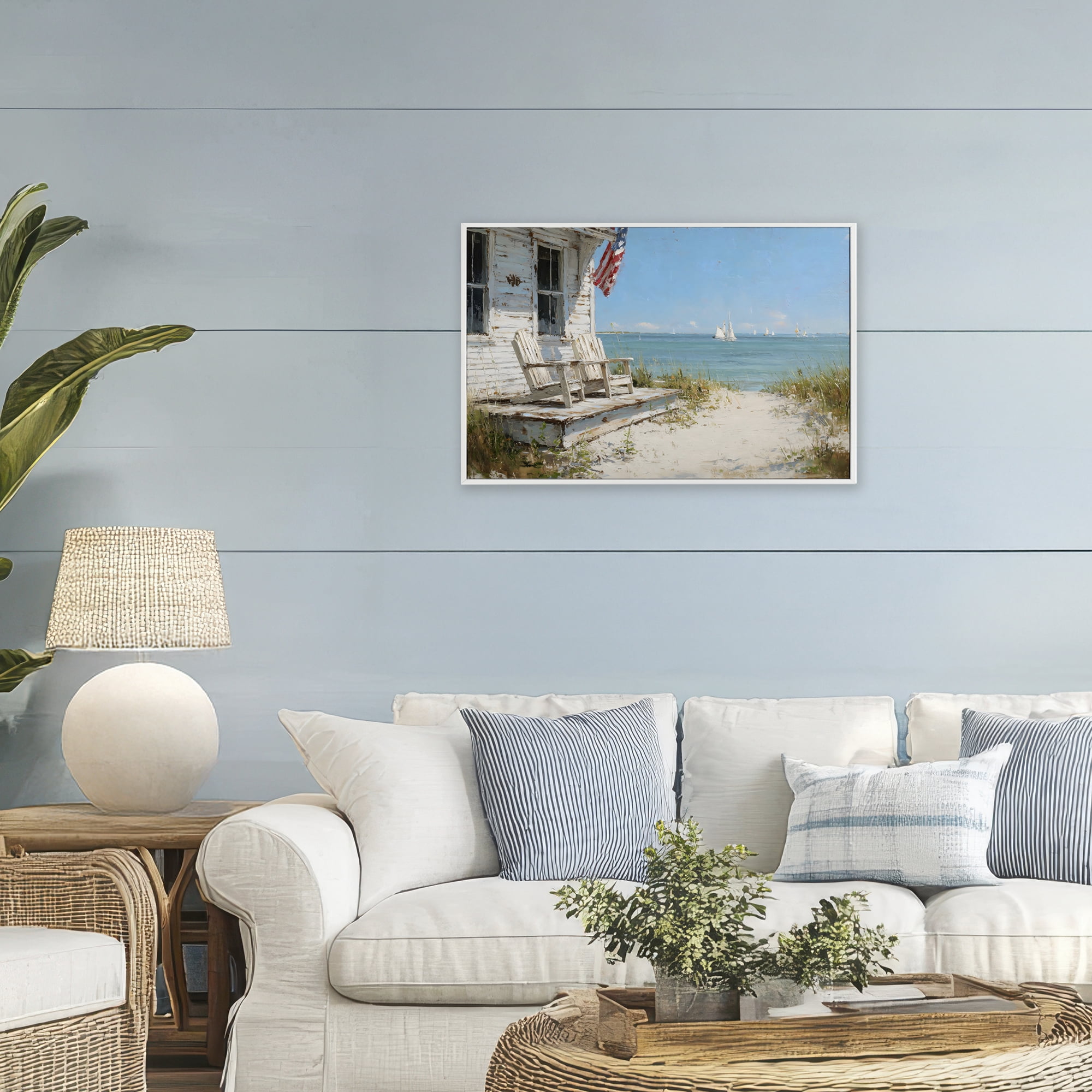 Stupell Industries By The Ocean Cottage Retreat White Framed Giclee Art, design by Petal Prints Design