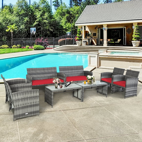 Costway 8PCS Patio Rattan Furniture Set Glass Table Top Cushioned Sofa Red