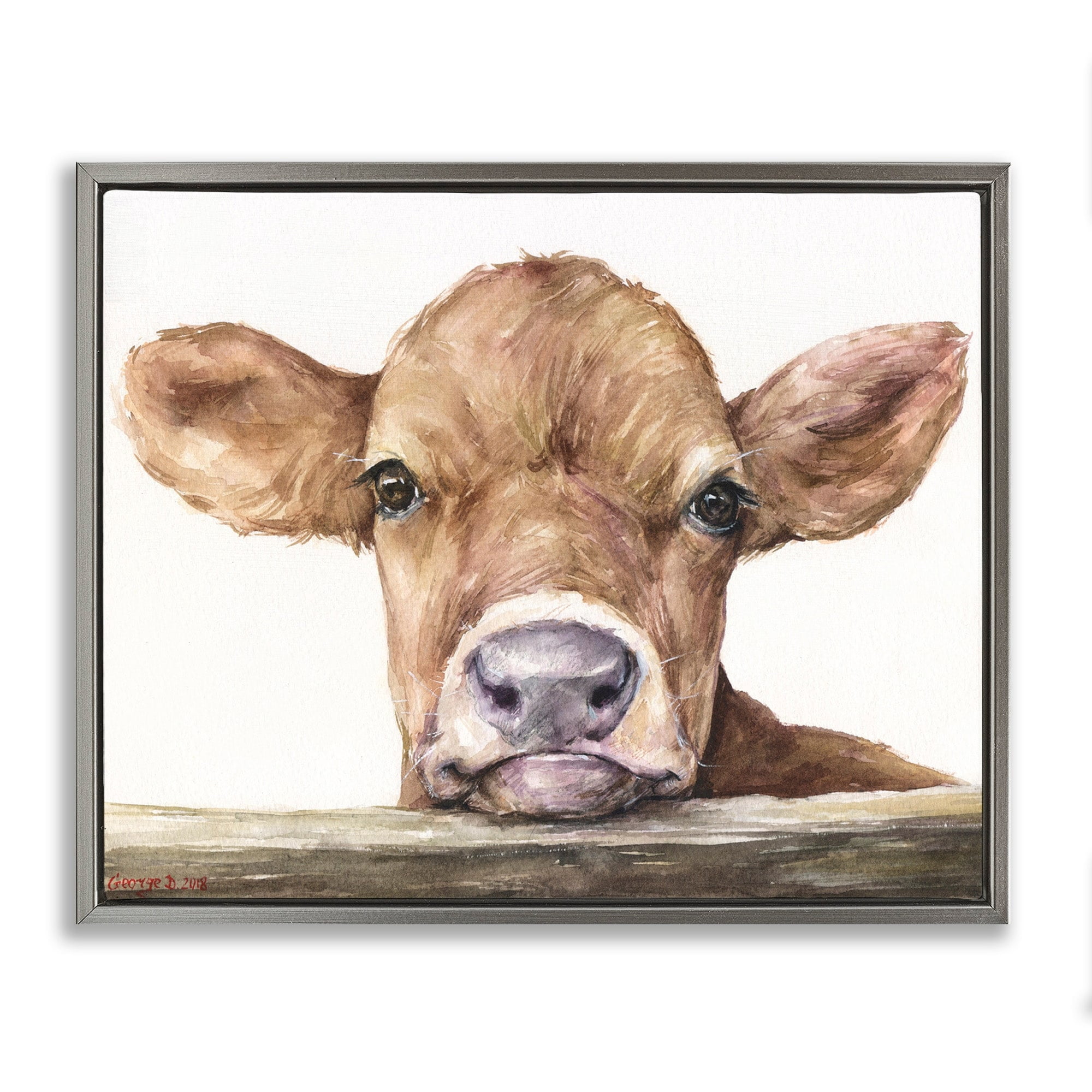 Stupell Industries Cute Baby Cow Animal Watercolor Painting Luster Gray Framed Floating Canvas Wall Art, 16x20, by George Dyachenko