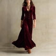 thumbnail image 2 of Women Long Sleeve V-Neck Velvet Stretchy Long Dress Wine 2XL, 2 of 4