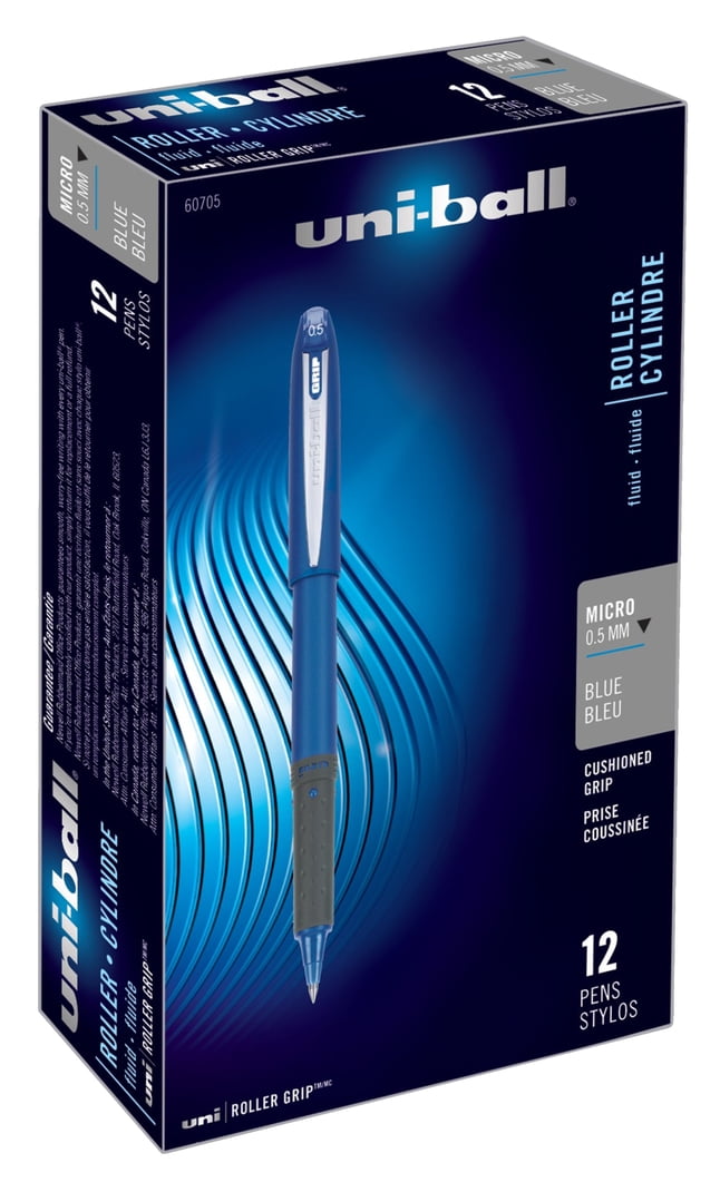 uni-ball Roller Ball Grip Stick Pens, 0.5 mm Micro Tip, Blue Ink, Pack of 12