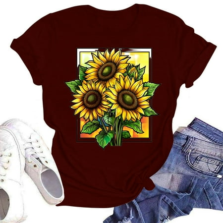 NAMTYQX Women s Blouses Light Hawaiian Bedrucken Short Sleeve Soft Plus Size Pattern Round Neck Loose Fit Shirts for Women Trendy Summer Wine Size 2XL