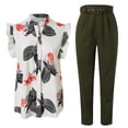 thumbnail image 5 of Likimi Two Piece Sets For Women Fashion Print Ruffle Sleeve Button Down Crew Neck Shirt Pant With Belt Outfit Set Green Size M, 5 of 9