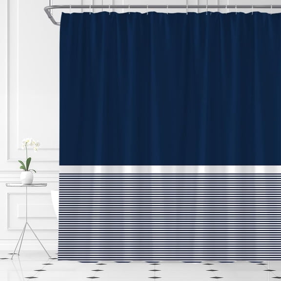 Navy Blue and White Striped Shower Curtain, Modern Minimalist Geometric Stripe Waterproof Bathroom Curtain with Hooks, Boho Farmhouse Decor 36"W x 72"H