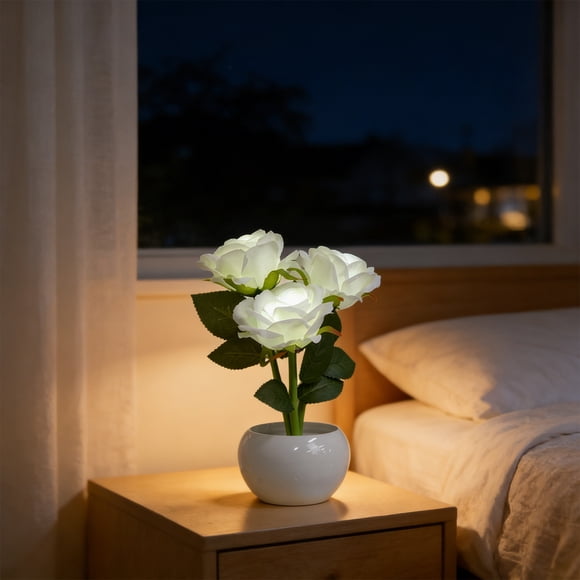 Flower Pot Mini Night Light 9.45" USB Powered Atmosphere Desk Lamp Realistic Sim Flower High Quality Ceramic For Bedroom Bedside Living Room Desktop Home Decor Birthday Wedding Holiday Gifts