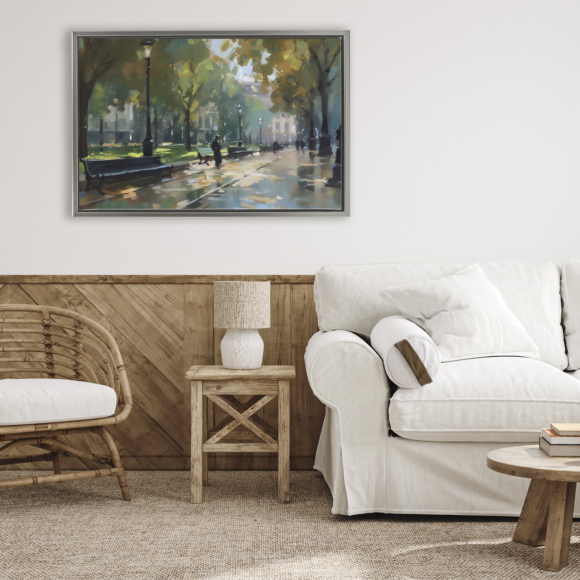 Stupell Industries Park Promenade on Rainy Day Gray Framed Floater Canvas Wall Art, design by Creative Studio