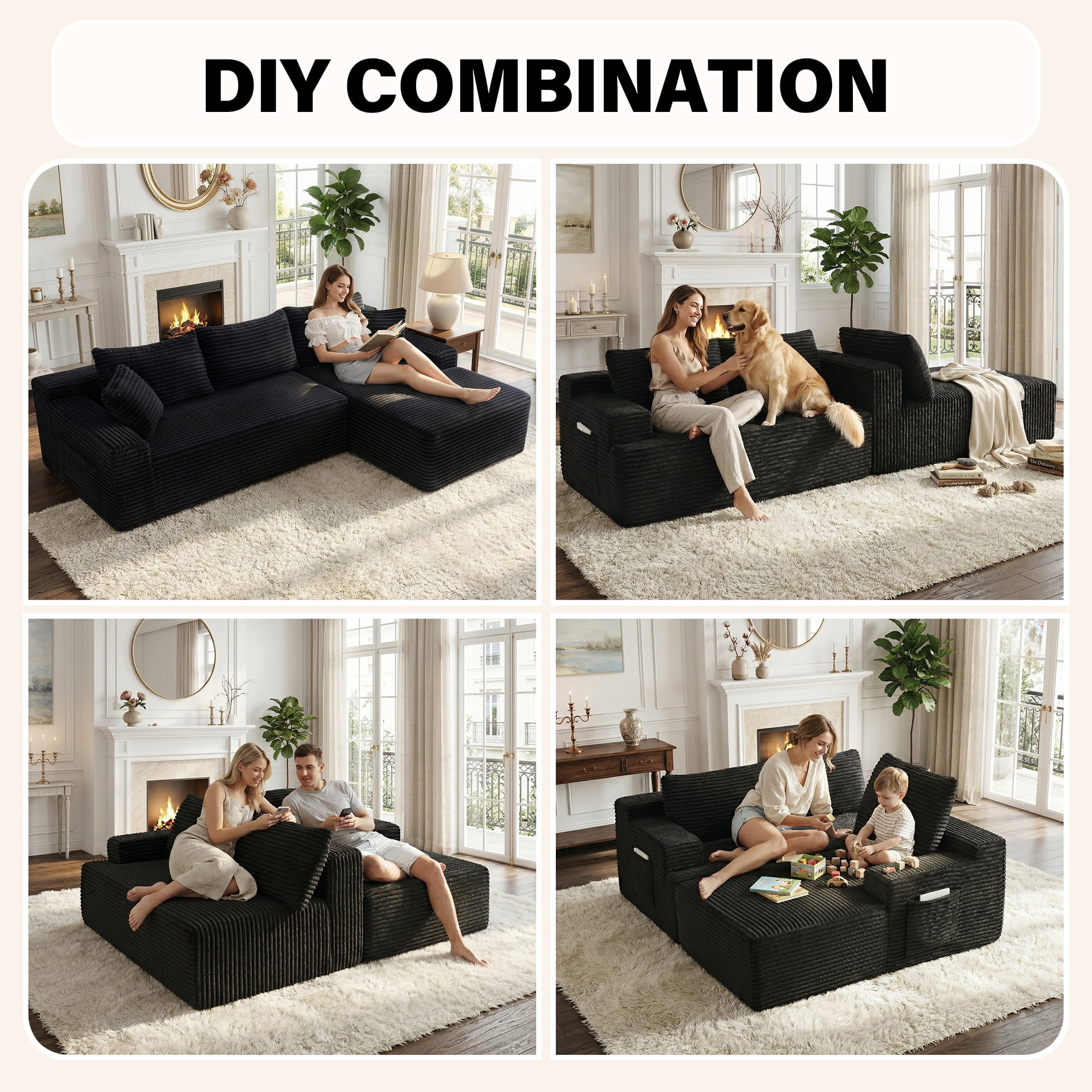 Aukfa 96" L-Shaped Cloud Sectional Sofa, Modular Boneless Couch with Deep Seat&Right-Facing Chaise for Living Room, Corduroy, Black