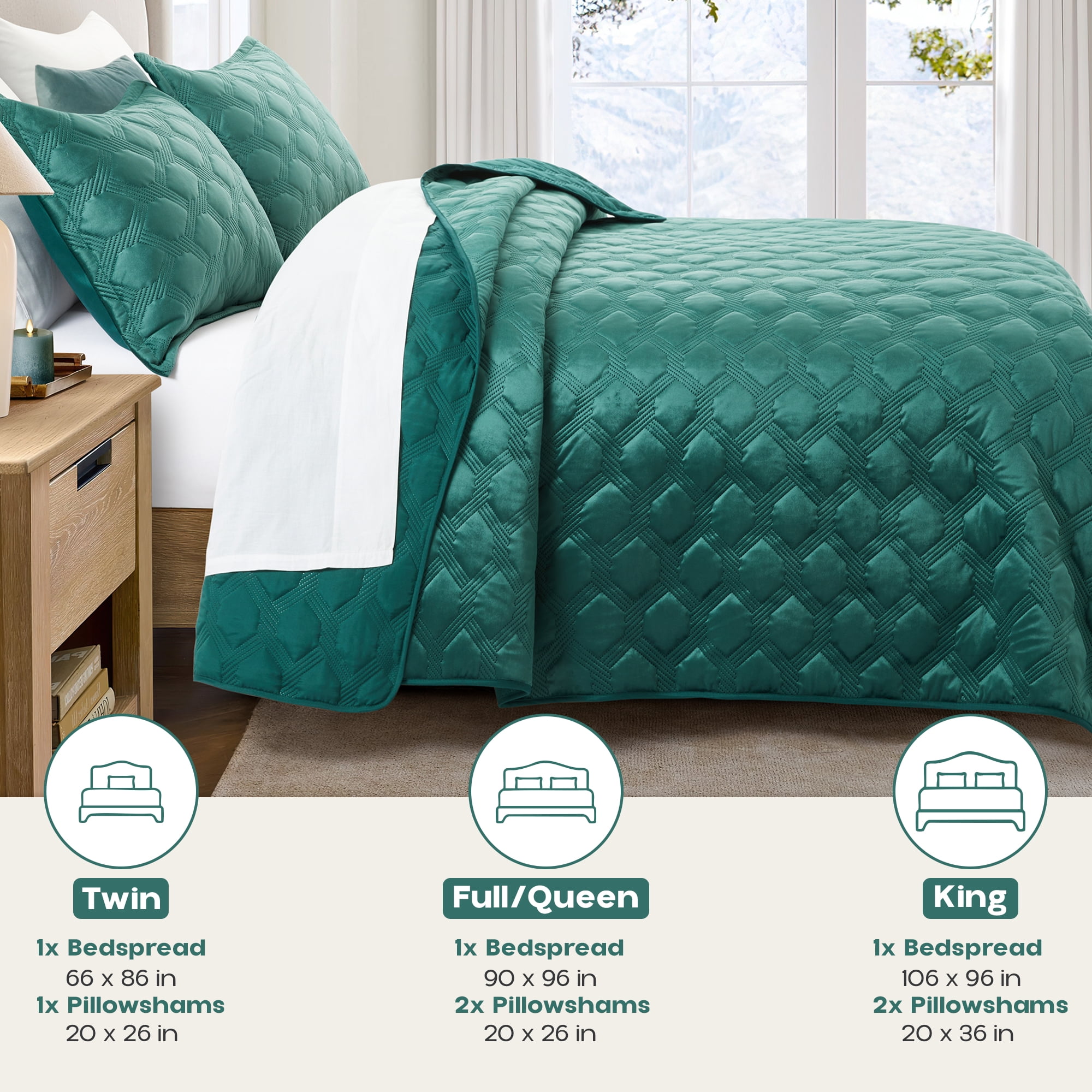 Ameha Velvet Quilt Set 3 Piece Geometric Ultrasonic Embossed Bedspread Reversible 350GSM Soft Microfiber Bedding Emerald Green Full/Queen